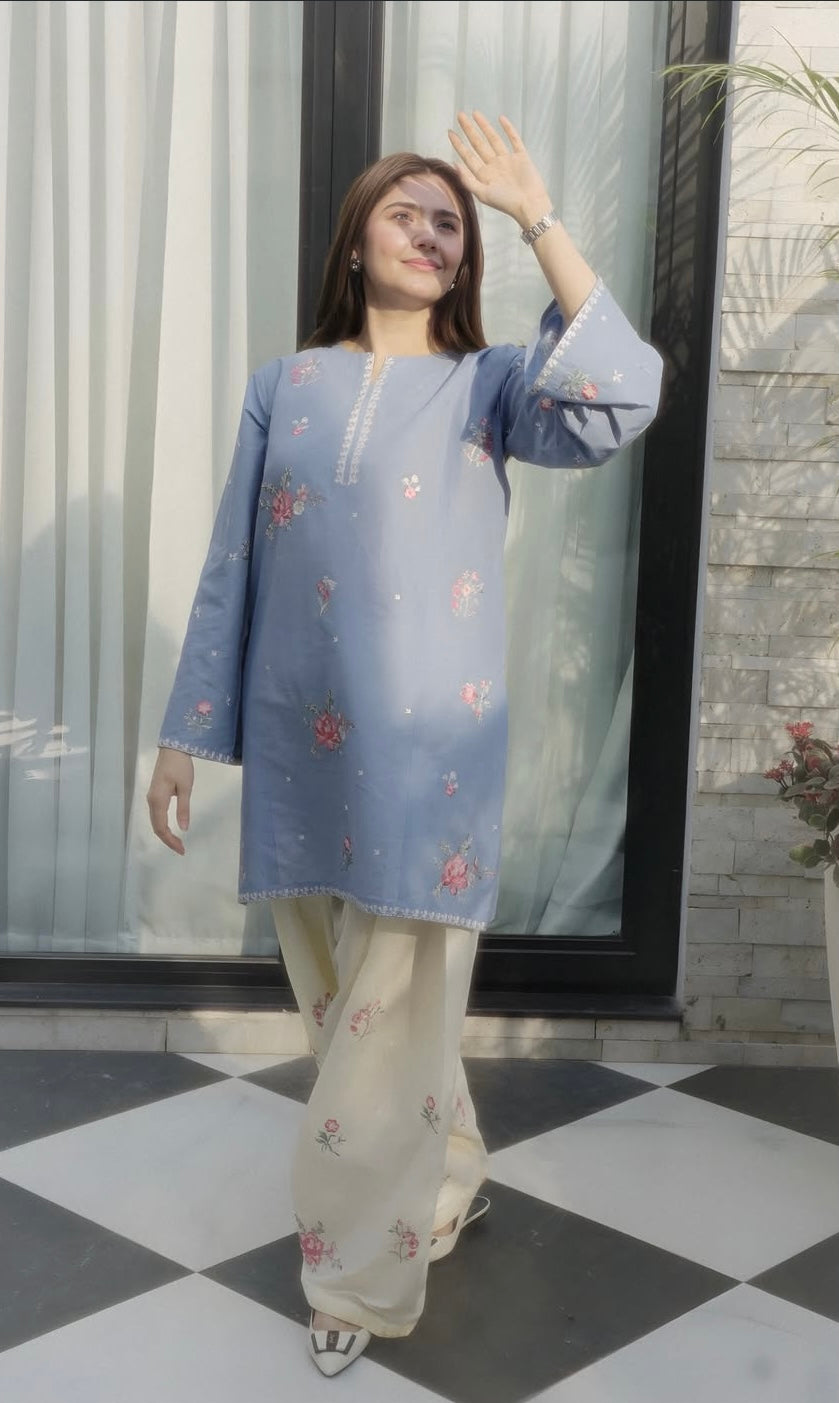 Sky Blue Floral Embroidered Cotton 2-Piece Suit