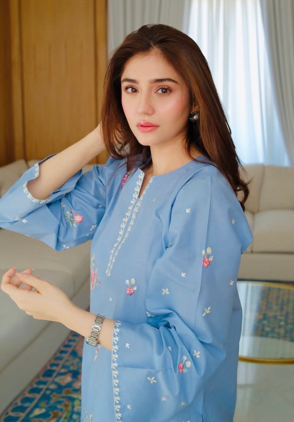 Sky Blue Floral Embroidered Cotton 2-Piece Suit