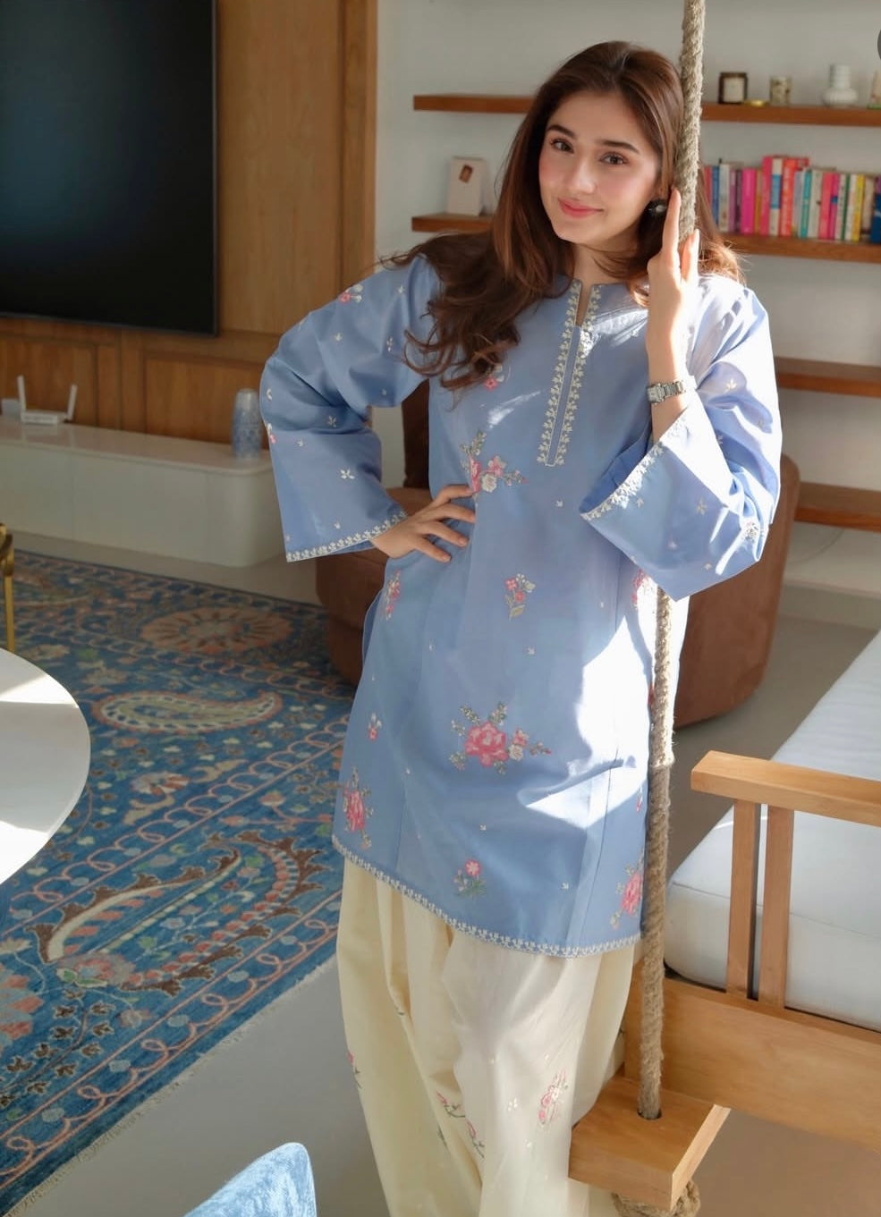 Sky Blue Floral Embroidered Cotton 2-Piece Suit