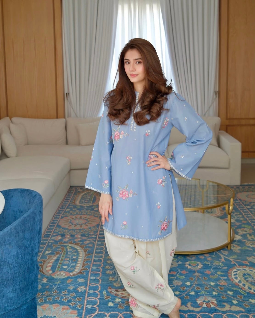 Sky Blue Floral Embroidered Cotton 2-Piece Suit
