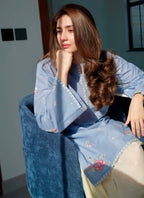 Sky Blue Floral Embroidered Cotton 2-Piece Suit