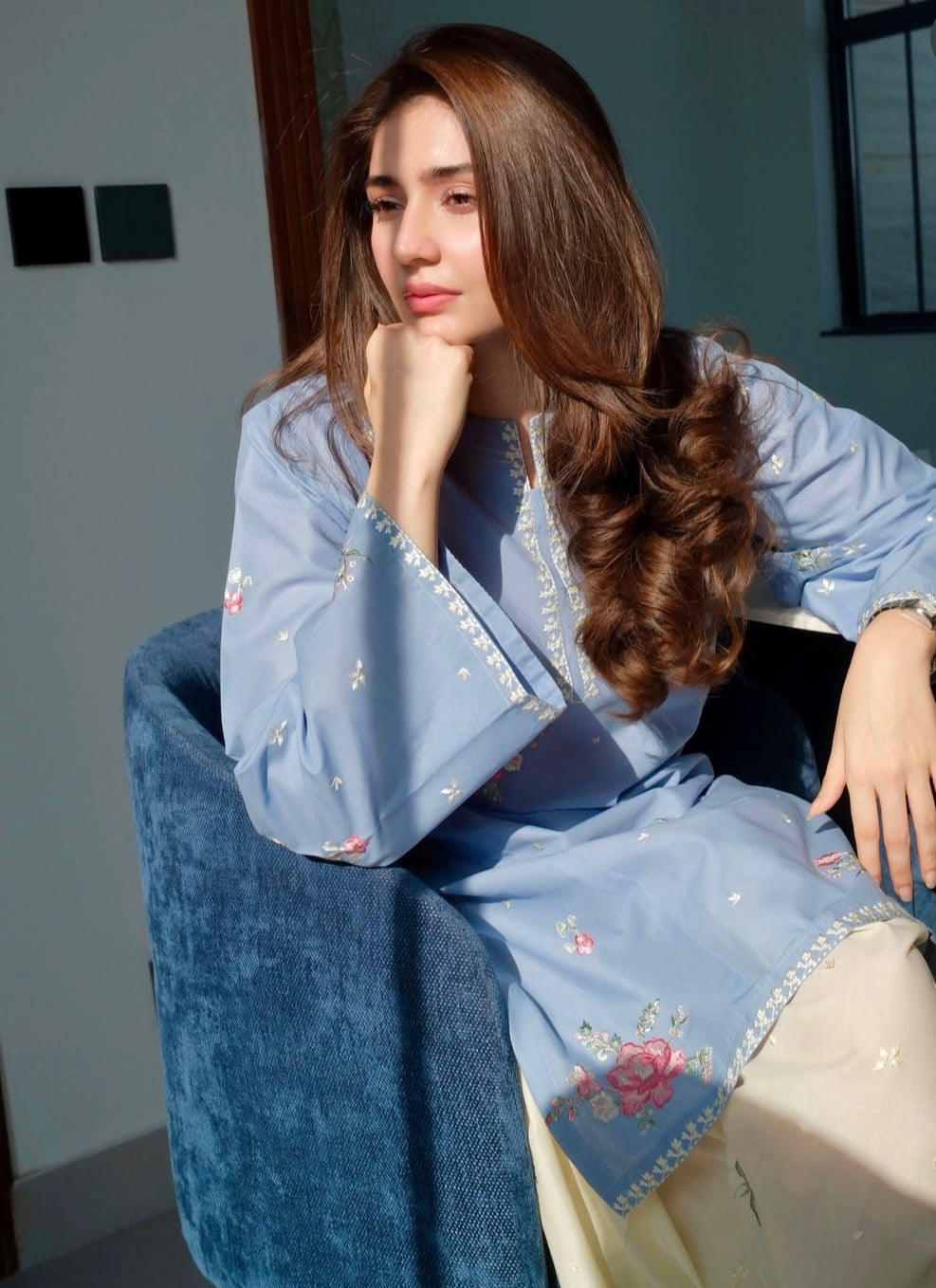 Sky Blue Floral Embroidered Cotton 2-Piece Suit