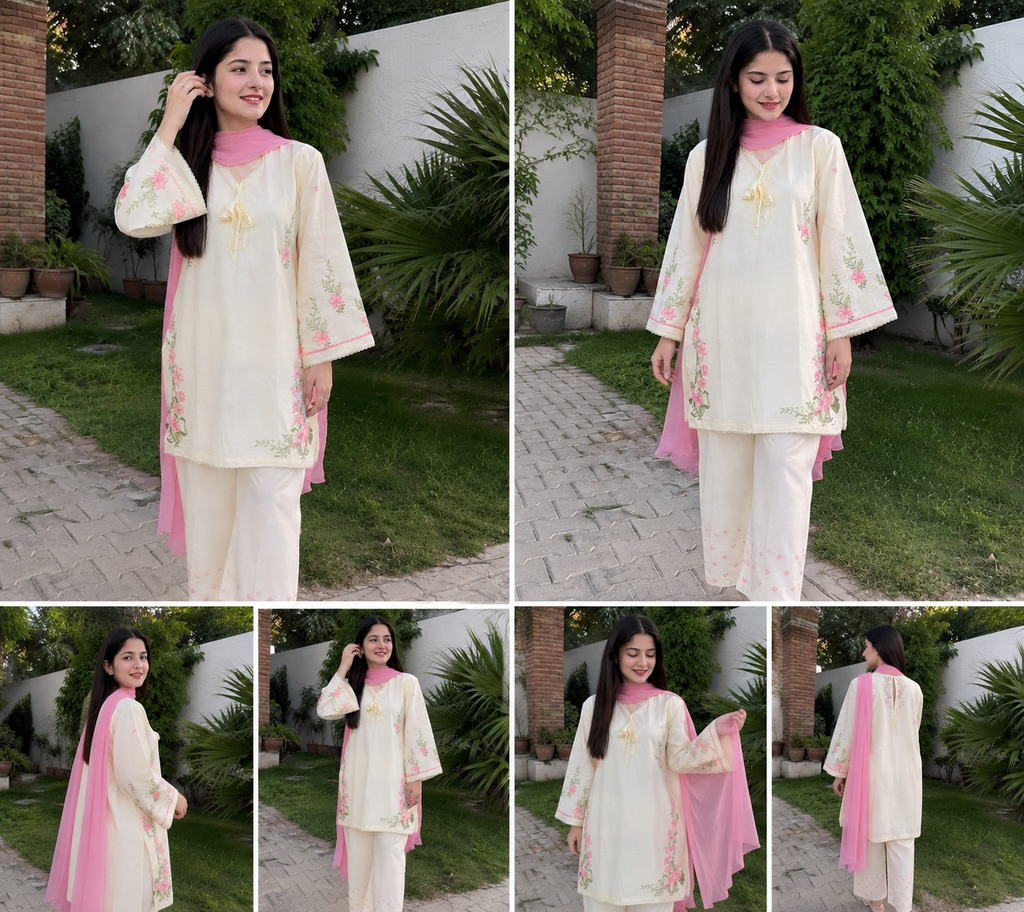 Rosy Bloom Embroidered 3-Piece Suit