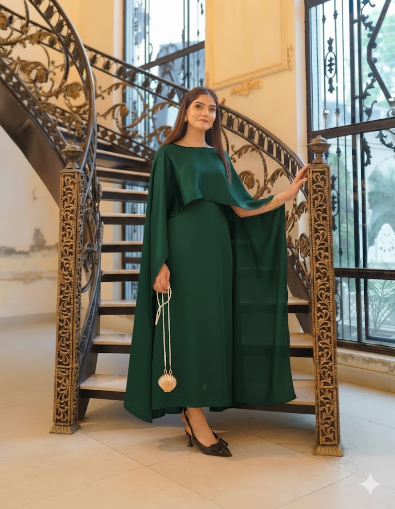 Woman in a green dress standing on a decorative staircase